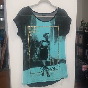 Tricotto top models sheer tunic top mint green black with gold bead accent S